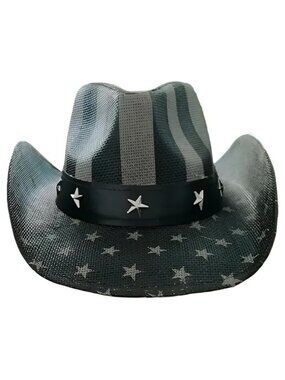 STRAW COWBOY HAT - Gray USA Flag Pattern with Star Brim (Adult Size)